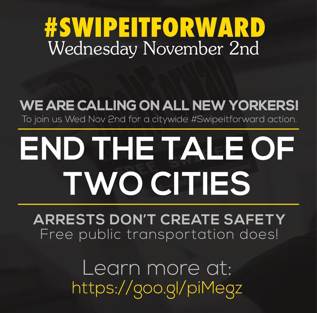 Heads up. Metrocards out. — 

Join us this Wed for a citywide #SwipeItForward action. Help us help fellow NYrs!
