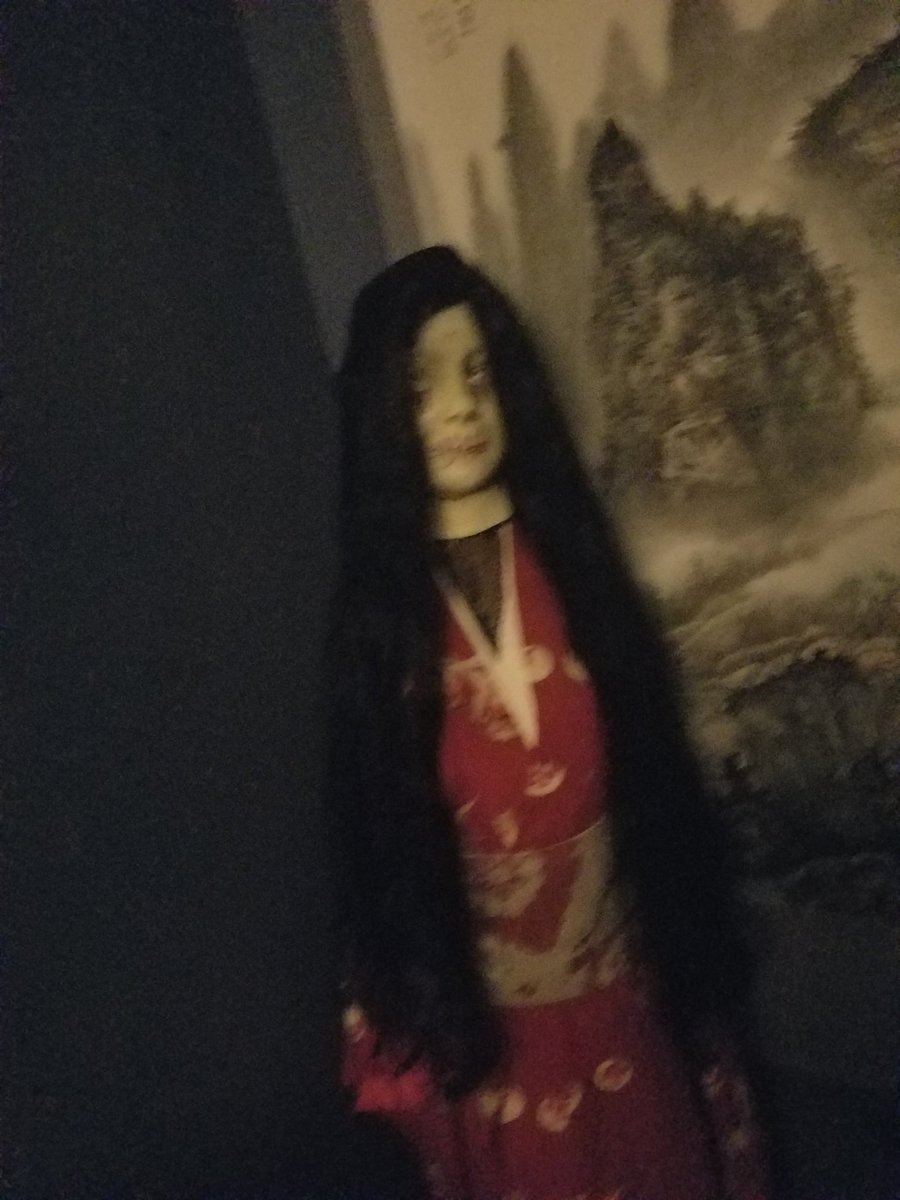 QuotingGeekery's tweet photo. This is one of the best Halloween props. Even better with a $13 wig. I get the creeps when i see catch her in the corner of my eye. https://t.co/Hml0wF08RF