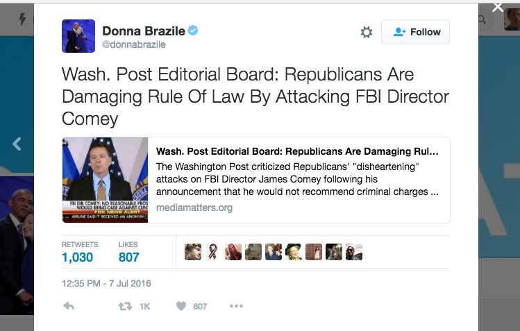 Jim Geraghty (@jimgeraghty) on Twitter photo Oh, and by the way, <a href="/donnabrazile/">Donna Brazile</a>, deleting the tweet praising Comey doesn’t make it go away WHEN THERE ARE SCREENSHOTS. Oh, and by the way, <a href="/donnabrazile/">Donna Brazile</a>, deleting the tweet praising Comey doesn’t make it go away WHEN THERE ARE SCREENSHOTS.