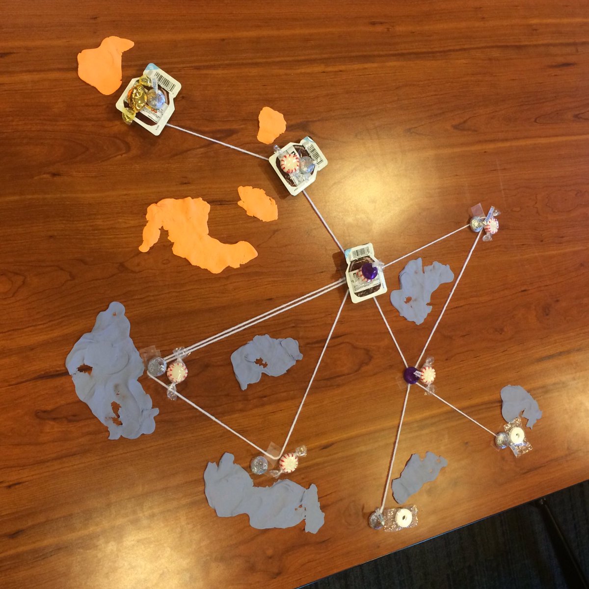 piwenlooi's tweet photo. Nutella packets, Hershey kisses, peppermints, playdough make their way into our network model @MikeSchiro @cponce85 @NU_MSLOC #msloc455 https://t.co/NLaa05SlBO