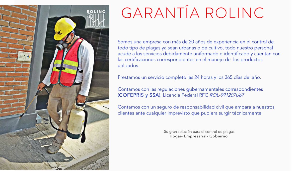 RolincMx's tweet photo. Con más de 25 años de experiencia en el control de plagas, te invitamos a conocer nuestra #GarantíaRolinc https://t.co/akrJmdQA2U https://t.co/dP6sV0754Q