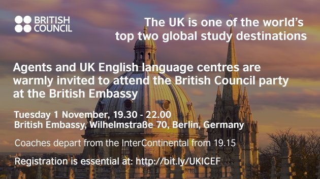 BCouncilEnglish's tweet photo. Agents + UK ELT centres are warmly invited to our British Embassy party. Tomorrow 1930 https://t.co/pZcT8lWPvy #WeAreInternational #ICEF2016 https://t.co/jkRTeXiH1b