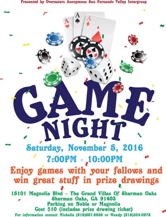 OASFVALLEY's tweet photo. OA SFValley Game Night/Sat Nov 5th / 7pm-10pm 15101 Magnolia Blvd, Sherman Oaks, LAST FUNDRAISER OF THE YEAR! $10 Awesome Prizes! Join Us!! https://t.co/fxxWQdYGZn