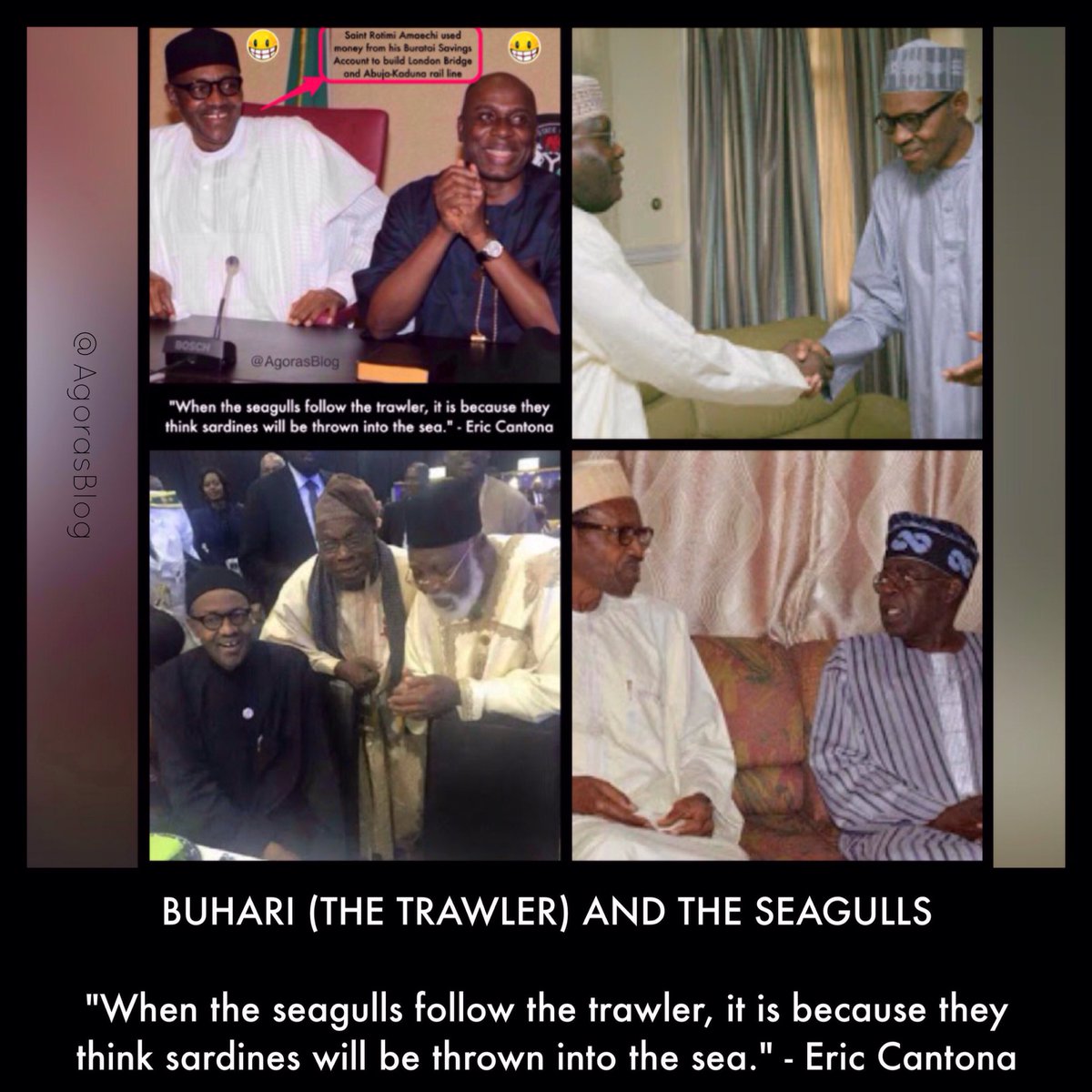 AgorasBlog's tweet photo. Nigeria: Buhari (the trawler) and the seagulls (APC leaders). #NigerianPolitics. .@MBuhari .@OfficialPDPNig .@APCNigeria .@GovAyoFayose .@AP https://t.co/48V54KY8O0