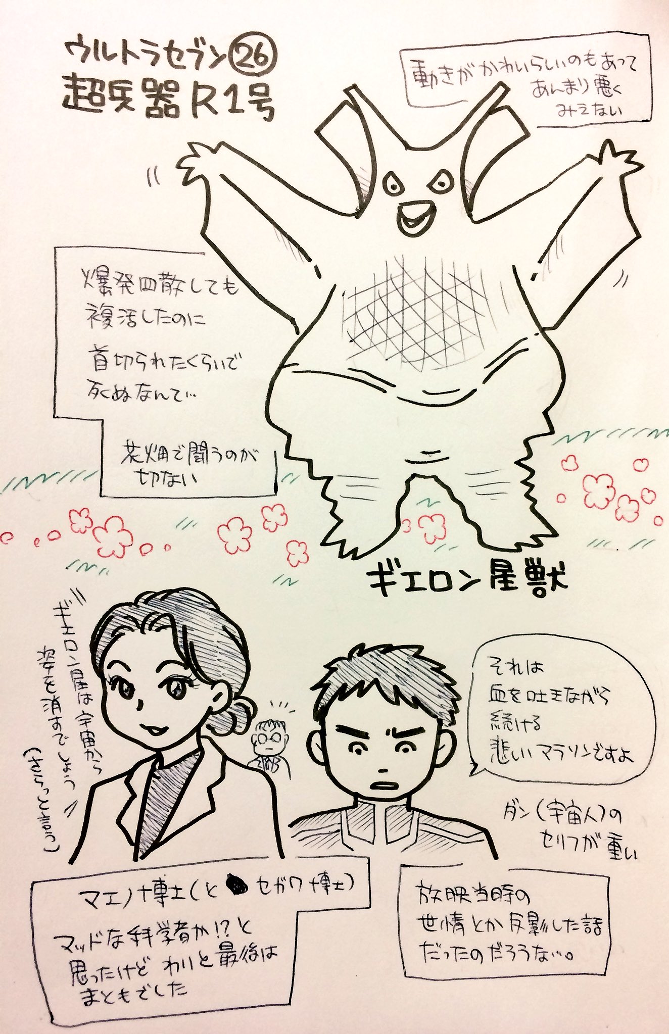 くまみ ウルトラセブンの怪獣をみた順に描く 超兵器r１号 ギエロン星獣 とても重い話でした 怪獣の動きがなんだか愛らしいとか戦闘場面がお花畑だとか 細かいところに切なさが F先生ファンなので サブタイトル見てガ1號を思い出しました てい