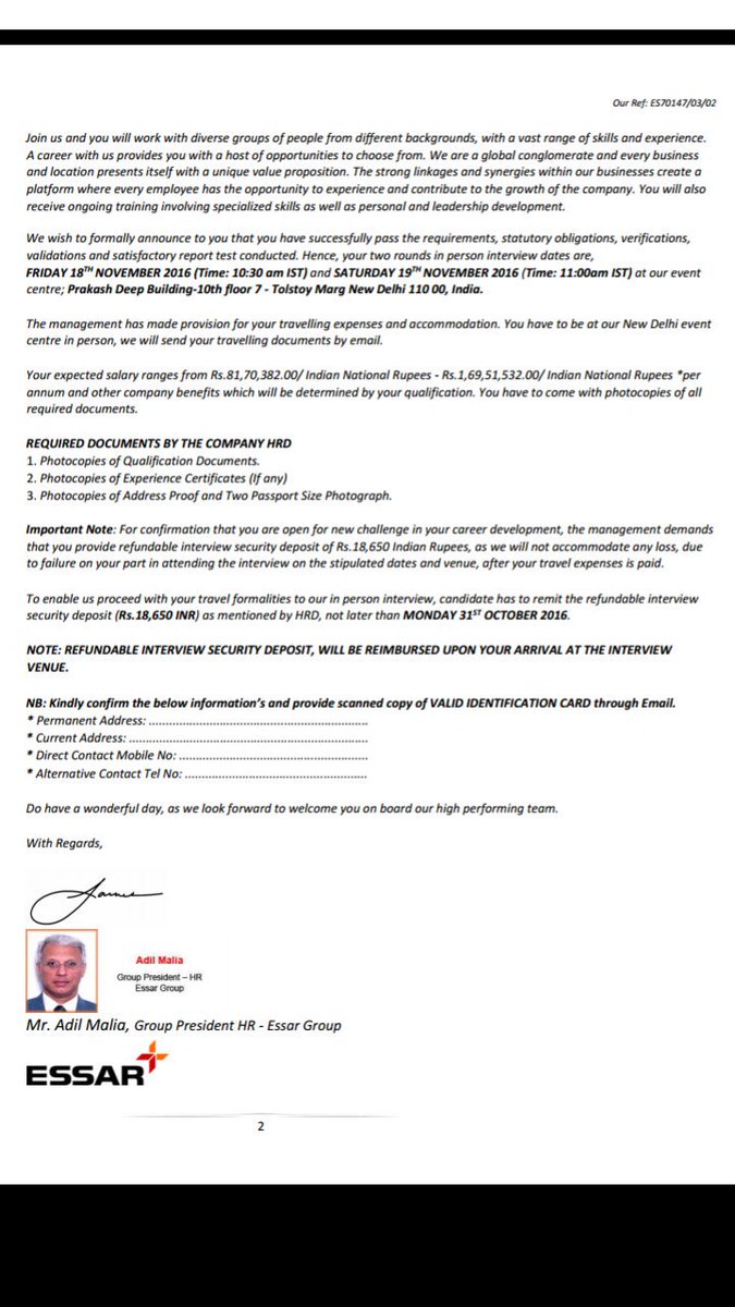 divicasm's tweet photo. Please beware of #fraudulentemails reg. job interviews/placement drives by renowned MNC's. @Essar @arunjaitley @DelhiPolice @TOIDelhi https://t.co/L79FH73WdR