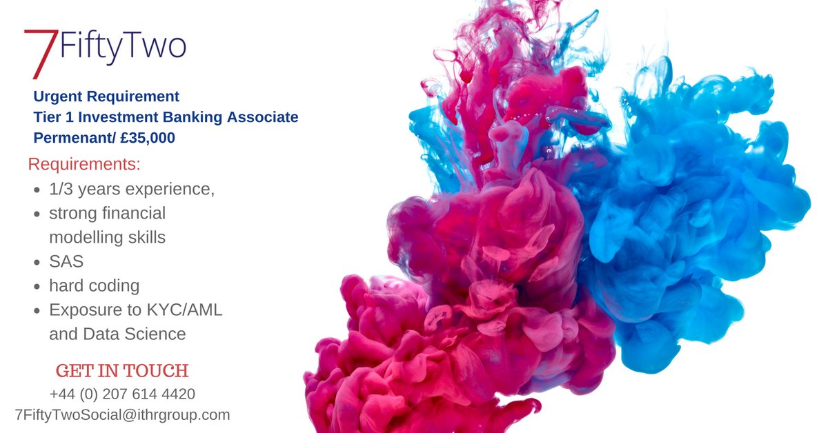 7fiftytwo's tweet image. We have an urgent requirement from a Tier 1 Investment Bank who need an Associate #SAS #hardcoding #KYC #AML #Banking #Job #DataScience