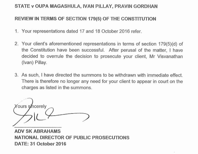 MandyWiener's tweet image. NDPP Shaun Abrahams letter to lawyers confirming charges withdrawn against Pillay, Magashula and Gordhan.
