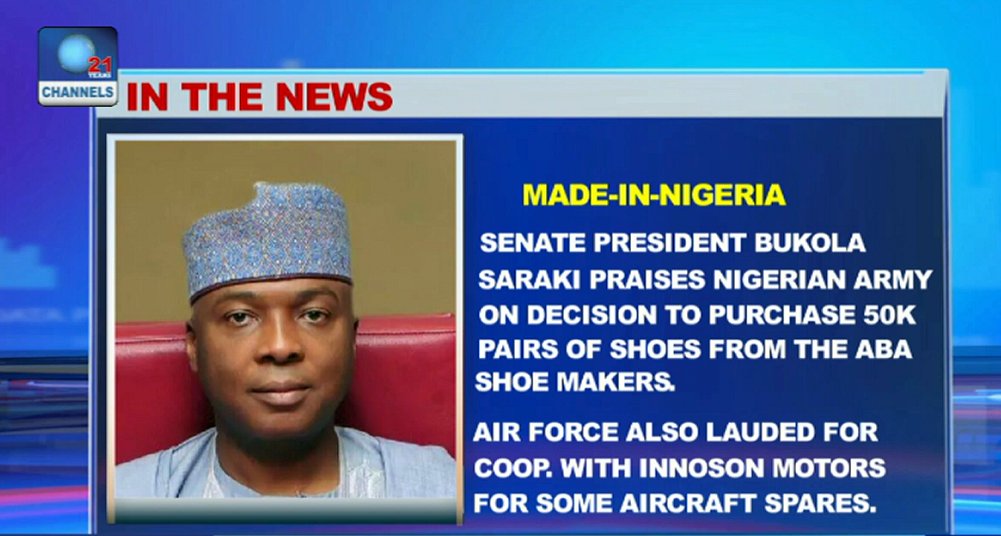 channelstv's tweet photo. Saraki Praises @HQNigerianArmy On Decision To Purchase 50,000 Pairs of #MadeInAba Shoes. https://t.co/pVJlLtrReD