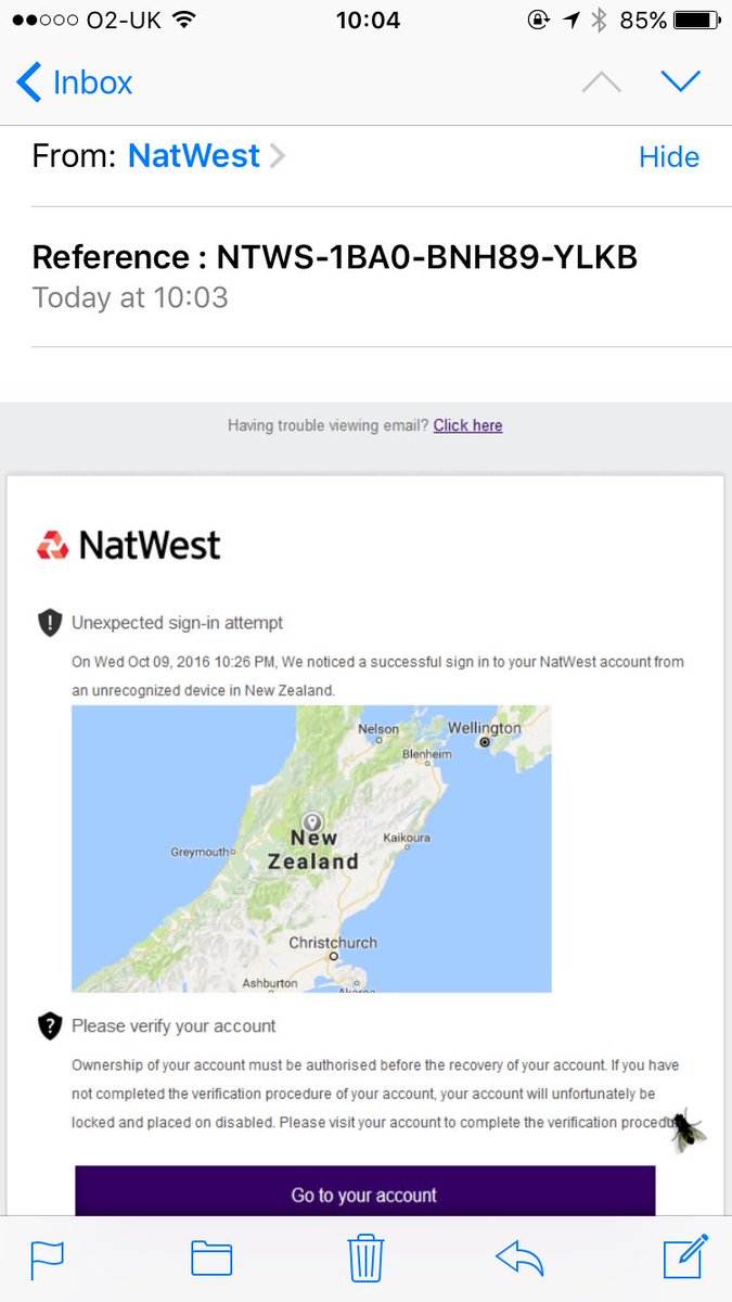 Anna_cleary's tweet photo. @NatWest_Help for info see below scam just fallen into my inbox. The fly at the bottom of their page was a nice addition! https://t.co/QUdwRqjZ9U