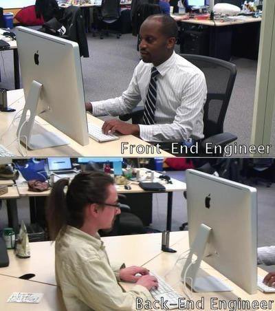 CodeView's tweet photo. Difference between Front-End Engineer and Back-End Engineer #devhumor #dev #DevJobs https://t.co/eJatDLlAvH