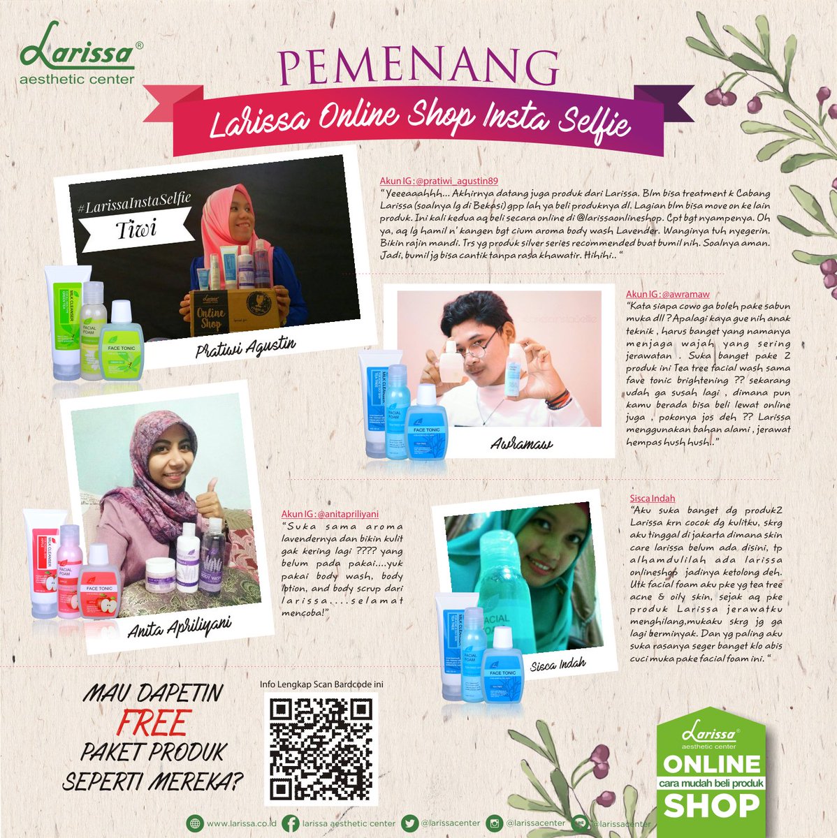 LarissaCenter's tweet photo. Pemenang Larissa Onlineshop Insta Selfie Periode Oktober 2016
Kamu mau menang seperti mereka?
Ikuti promonya https://t.co/bBlXd9vpAm https://t.co/8RX16yAsK1