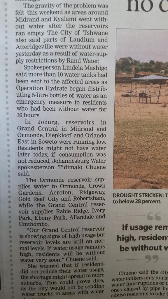 Water cuts possible in Joburg south as reservoirs run low. Front page of <a href="/TheStar_news/">The Star</a> #drought #operationhydrate #OperationReduceUse