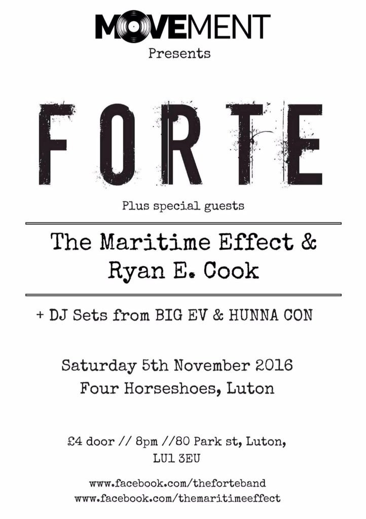 This Saturday. Let's make it a big one <a href="/movementltn/">Movement</a> <a href="/MaritimeEffect/">The Maritime Effect</a> Luton, hold on tight #keepitforte #livemusic