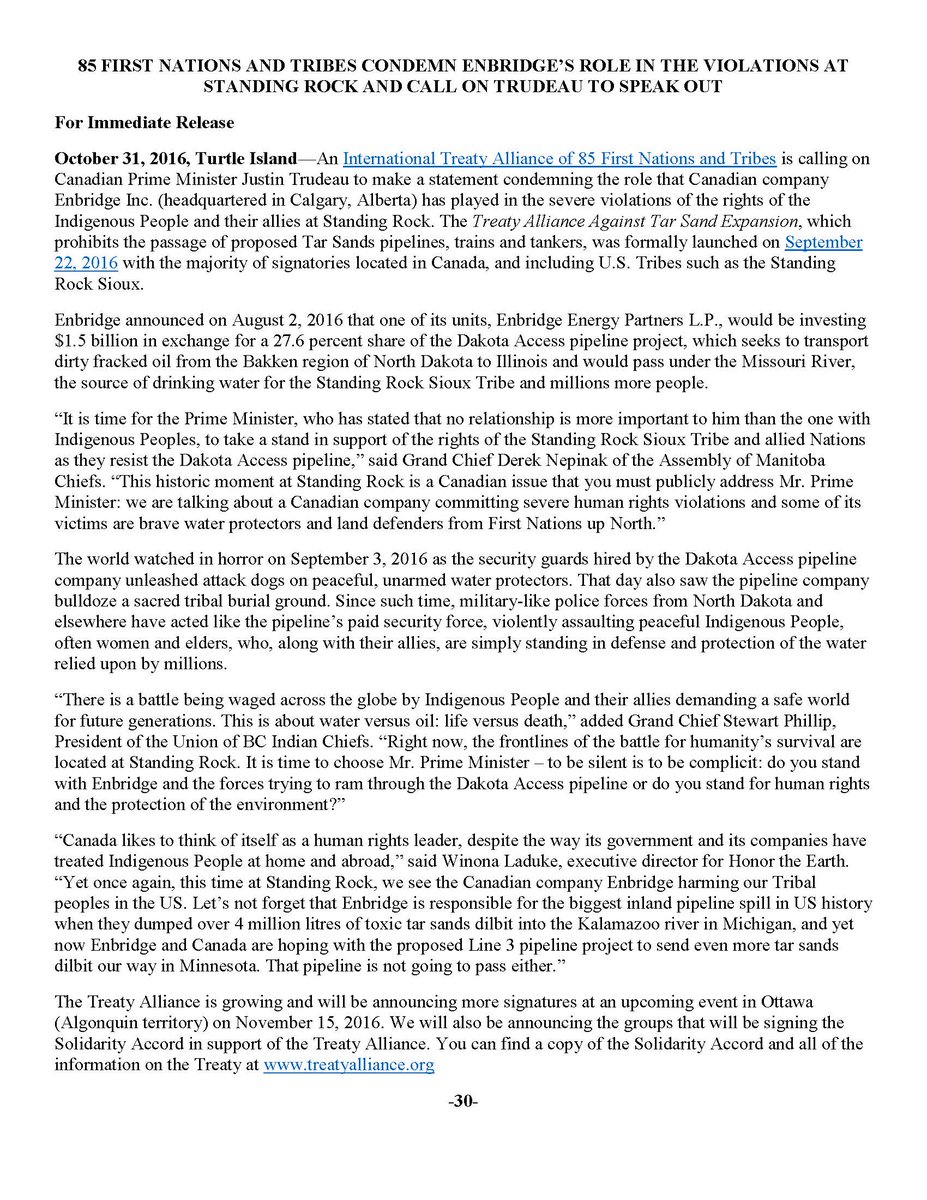 UBCIC's tweet photo. NR: 85 FIRST NATIONS CONDEMN @ENBRIDGE’S ROLE IN VIOLATIONS AT #STANDINGROCK &amp; CALL ON @JustinTrudeau TO SPEAK OUT! https://t.co/5hbctPRirF