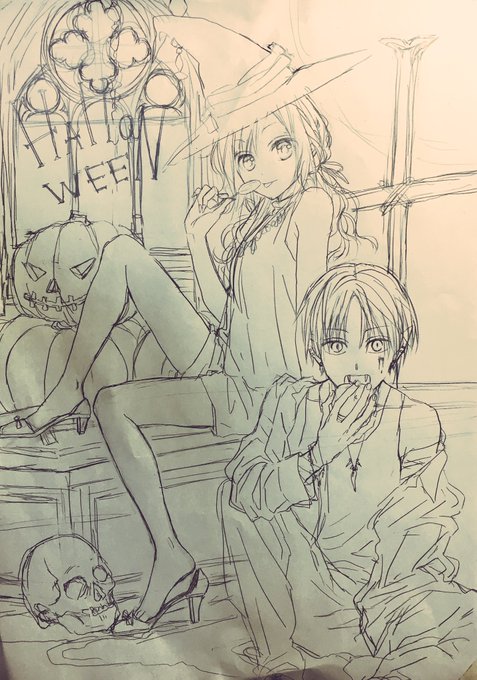 最初はこんなん描こうと思っていたけど、PCに眠っていた大昔のハロウィン絵が出てきて構図同じじゃん!小学生から進歩なさすぎだろ!と思ってやめました。二つ結びペロキャン女好きすぎか。 