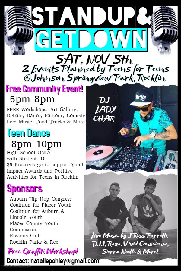 CPYRocklin's tweet photo. It is almost here! Teen Art & Music event co-produced by the Placer County Youth Commission! This Saturday, FREE 5-8pm 8-10pm DJ Nite ($5) https://t.co/5Pg6fhYNeT