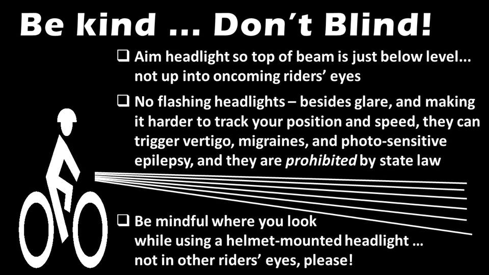 WAbikes's tweet photo. Flashing headlights? Those are for emergency vehicles, not bicycles. Don't zap your fellow riders in the lumen wars. https://t.co/R4cYyVxTZt
