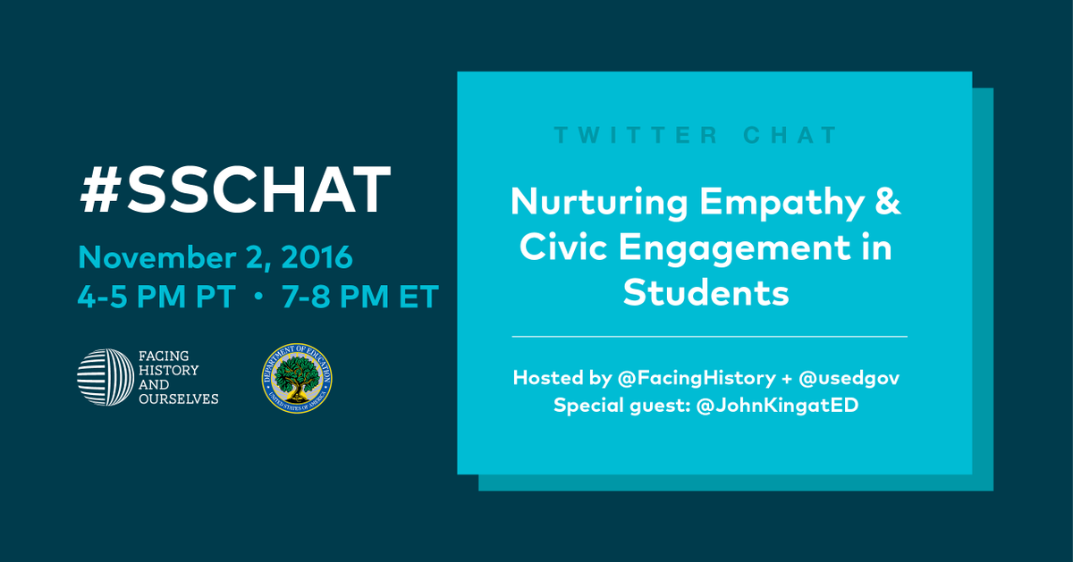 facinghistory's tweet photo. Update your calendar! Our special #sschat with @usedgov &amp; @JohnKingatED will be on WEDNESDAY, November 2 at 7-8pm ET! https://t.co/F5JKdWG4uD