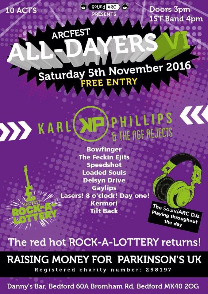 soundarcstudio's tweet photo. @DelsynDrive  - The ARCfest All-Dayers VI
Danny's Bar, @BedfordEsquires 
Sat 5th Nov 10 acts raising money for @ParkinsonsUK https://t.co/1ALL8a5qgK