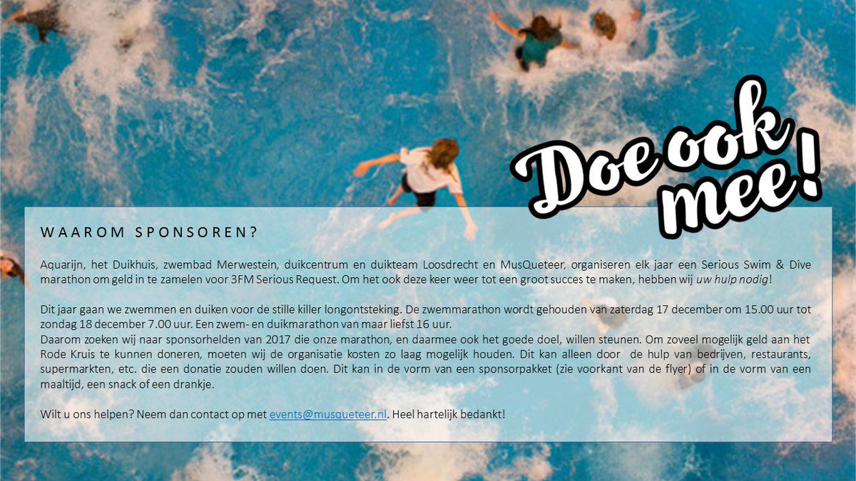 Waar is Serious Swim &amp; Dive zonder zijn sponsoren? Nergens! Daarom zijn wij opzoek naar sponsoren in alle vormen en maten.
