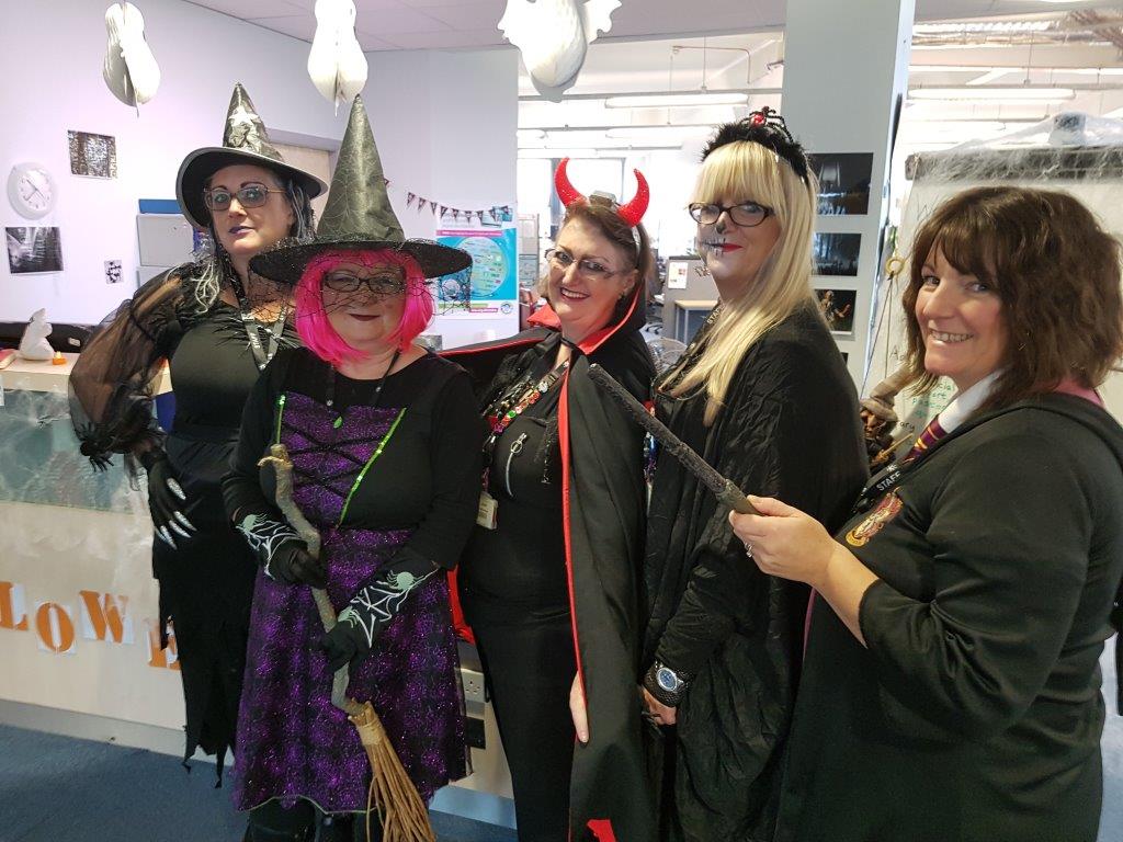 MLZLRC's tweet photo. Lots of spooky goings on in the Library today!!  
Staff Fancy Dress – Quizzes – see our scary decorations. https://t.co/n8nbKfTz03
