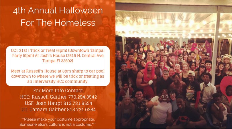 InterVarsityHCC's tweet photo. Tonight kicks off our 4th annual Halloween for the homeless event. Students will be trick or treating for canned goods on behalf of others. https://t.co/9dtTGOKvOL