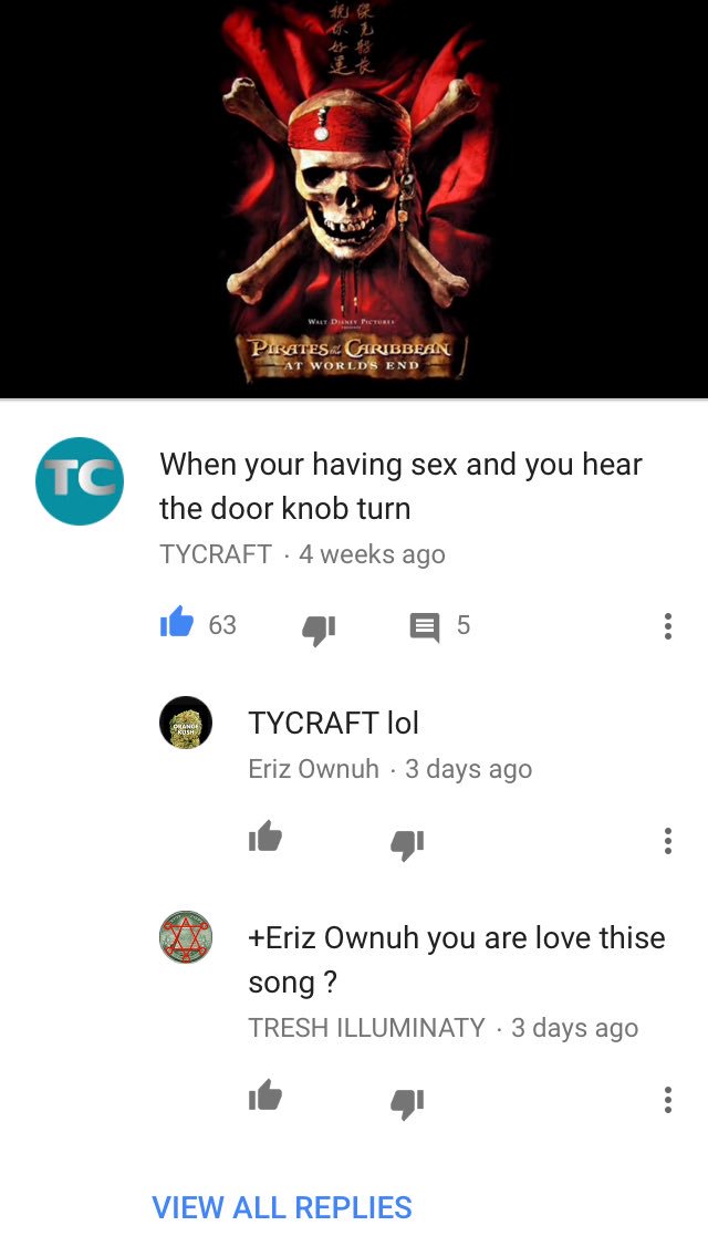 TomSinghPike's tweet photo. The comment section for The pirates of the Caribbean theme tune on youtube is brilliant😂😭 https://t.co/KSz2zbMsdE