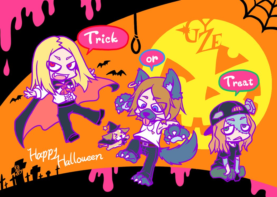 ট ইট র 猫夢 お絵描き大好き イラストno 14 はろうぃーんgyze 世はハロウィンということで ハロウィン仕様のgyzeメンバーを描かせていただきました 勝手なイメージですが 吸血鬼 狼男 フランケンシュタインに仮装させていただきましたw おっと