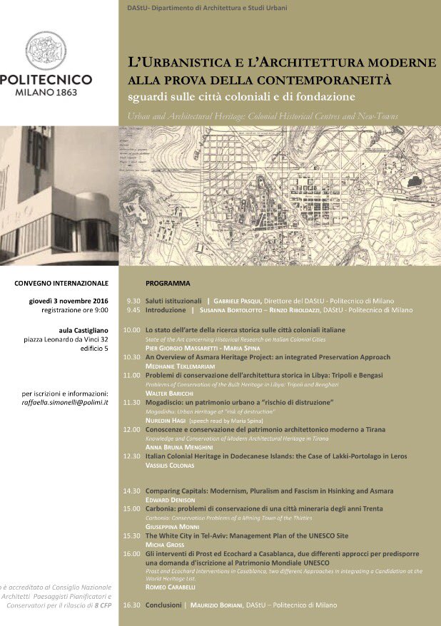 L'Urbanistica e l'Architettura moderne alla prova della contemporaneità. <a href="/polimi/">Politecnico di Milano</a>  3.11.16 #savethedate