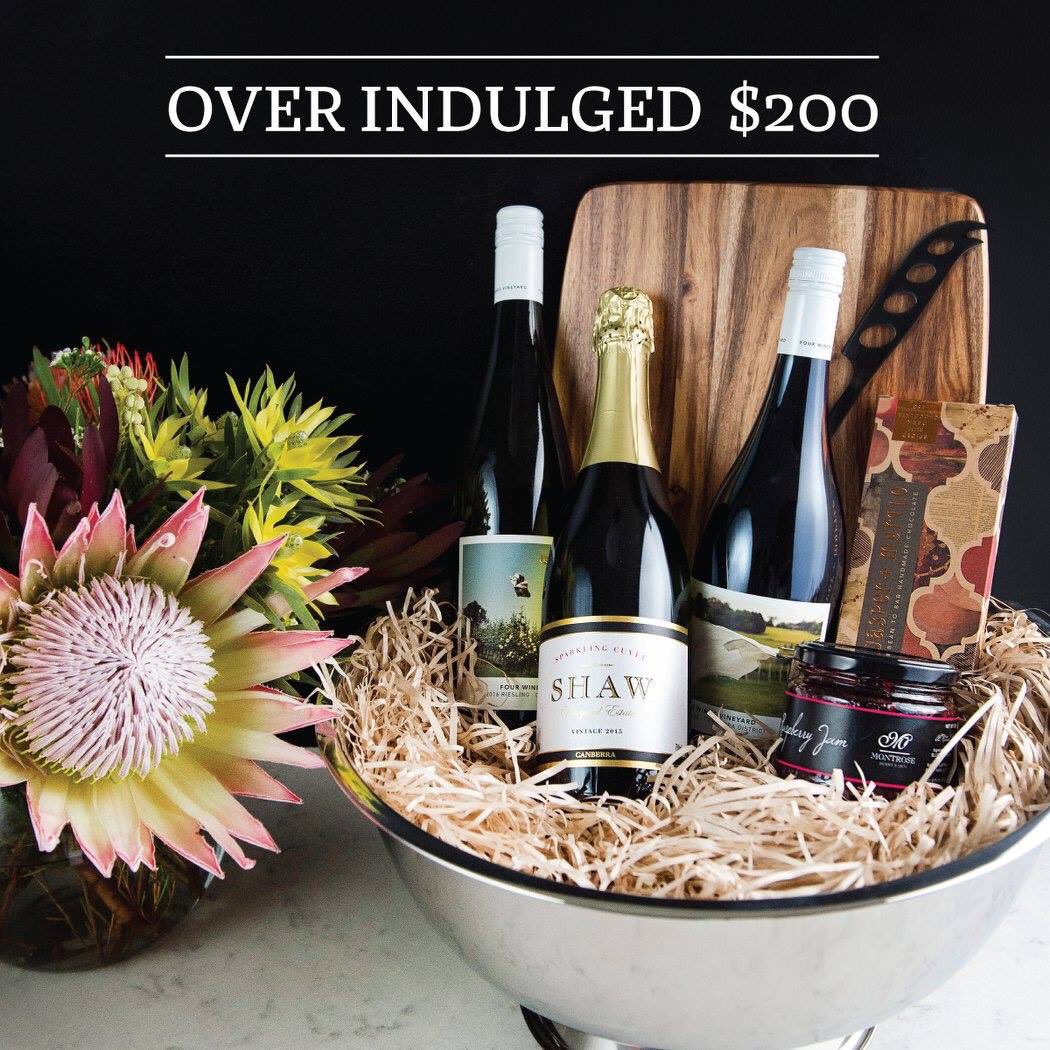 The Local Larder (@locallardercbr) on Twitter photo Over Indulge hamper. Local wines from @shawvineyards & <a href="/4windsvineyard/">Four Winds Vineyard</a> Montrose jam, chocolate, cheese knife & board in a large tub. $200 Over Indulge hamper. Local wines from @shawvineyards & <a href="/4windsvineyard/">Four Winds Vineyard</a> Montrose jam, chocolate, cheese knife & board in a large tub. $200