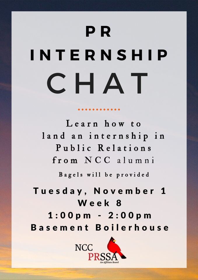 nccprssa's tweet photo. Want to hear from NCC students in the industry? Join us tomorrow for some PR insight (and bagels!) from 1-2 in the basement of Boho! #doPR https://t.co/sL5aLQttJg