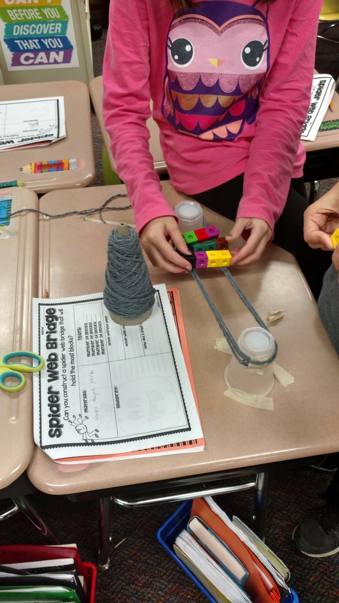MrsKadrlik's tweet image. Who&apos;s bridge will hold the most blocks using yarn, tape, and cups? 
#cfelem #spiderwebbridge #spookystem