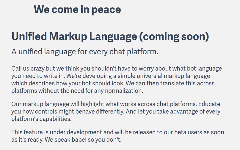 solyarisoftware's tweet image. .@message_io &quot;Unified Markup Language (coming soon)&quot; sound good! Very curious! I guess will not XML-like:-D #botdev #bots #messaging #UX #UI