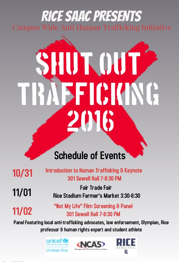 We're honored to partner with <a href="/EndTraffick/">Todd</a> <a href="/ncasports/">NCAS</a> &amp; <a href="/RiceAthletics/">Rice Athletics 👐</a> for Shut Out Trafficking week at <a href="/RiceUniversity/">Rice University</a> from today to 11/5!
