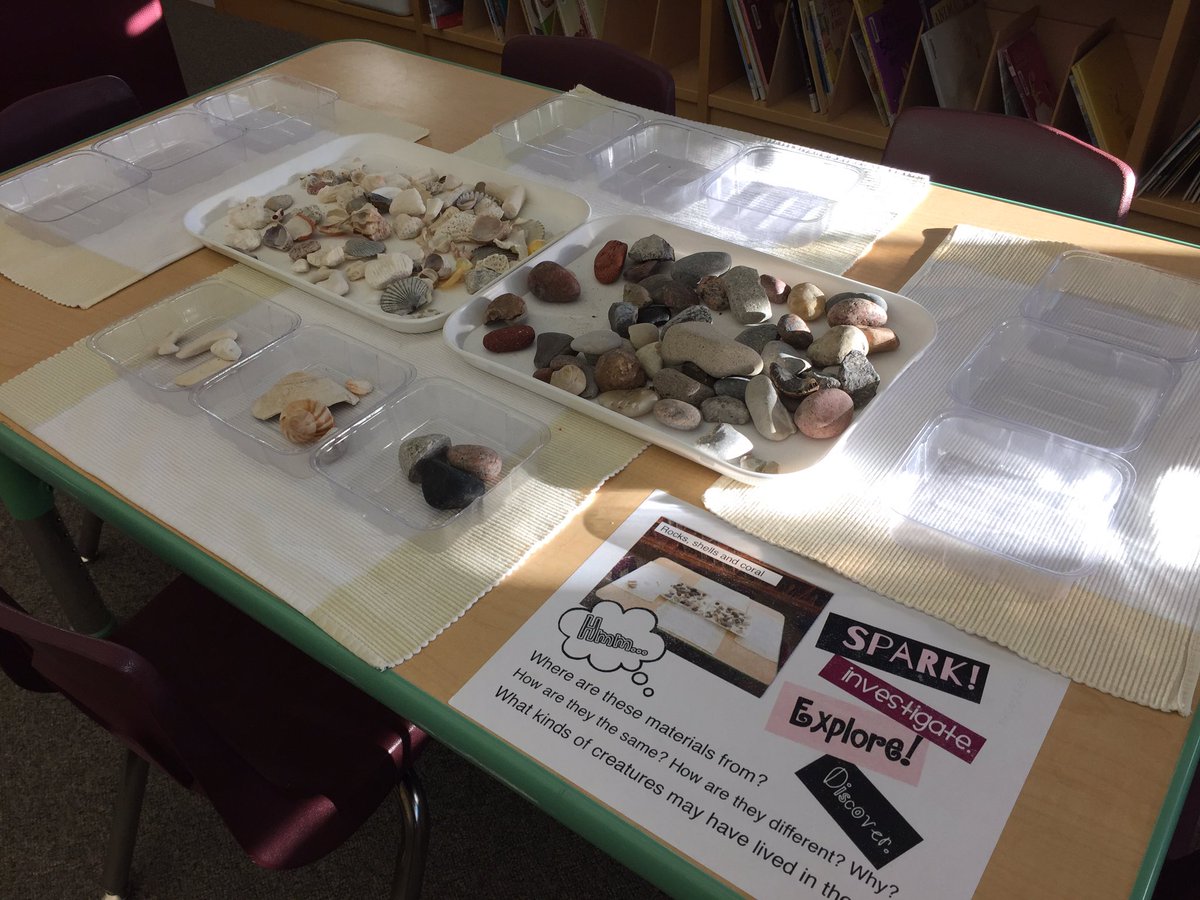 sarafurnival's tweet photo. Investigating rocks, coral and shells at our current #sparktable. Lots of questions, theories, thinking and wondering. Perfect. https://t.co/v1DTh0JCqU