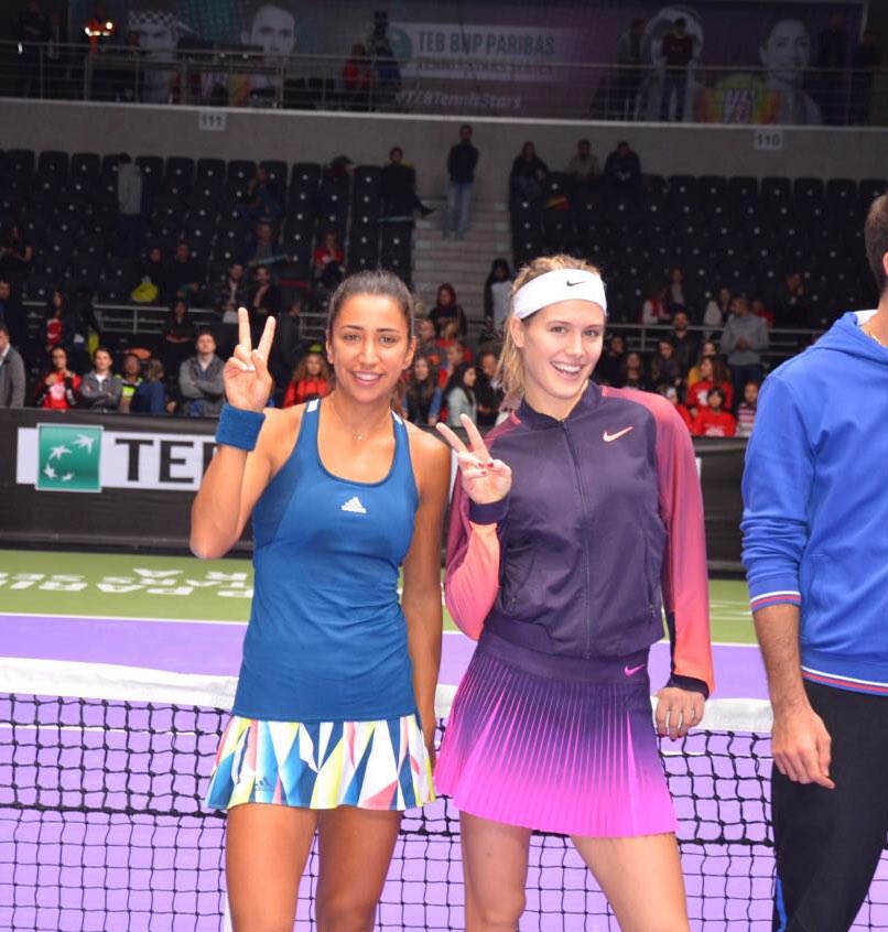 CaglaBuyukakcay's tweet photo. It was great fun to share the court with you @geniebouchard, thanks for being with us &amp; hope to see you in Istanbul next time #dinnerisonme😂 https://t.co/GxPB59nJZk