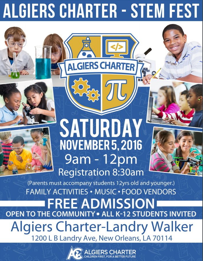 ADDnola's tweet photo. This Saturday: Come join @AlgiersCharter for STEM Fest with food, music, and family-friendly activities! Admission is free! https://t.co/B0IwkYJSJw