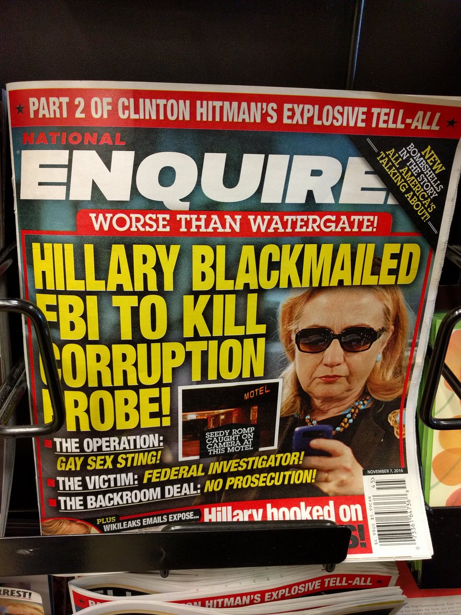 YoavKarny's tweet photo. Poor #NationalEnquirer. First in the nation to endorse #Trump, it got its #ClintonFBI story so wrong. Recall the copies, and charge Donald https://t.co/BpgND2sdpL