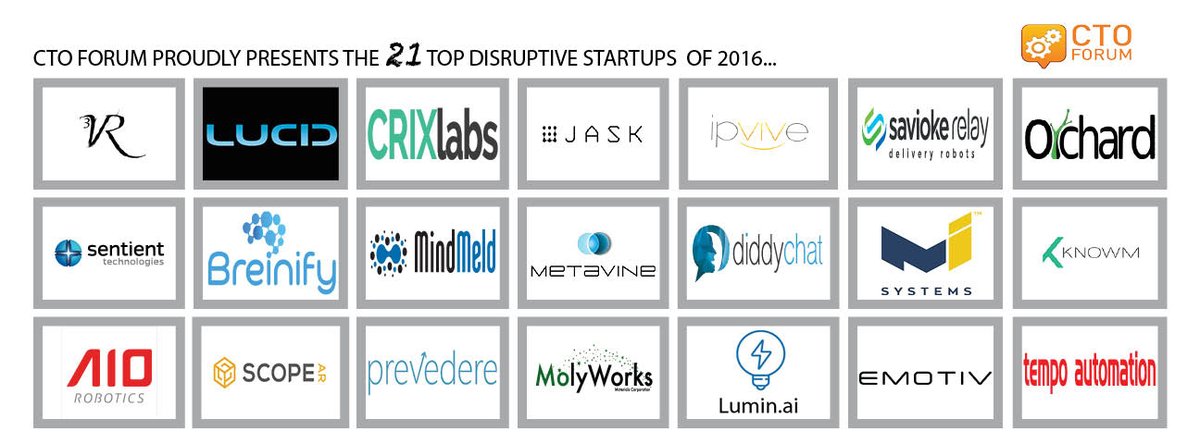 CTOForum's tweet photo. Excited to welcome top 21 disruptive startups of 2016 at #RethinkDisruption2016 https://t.co/xORBZzOx4b