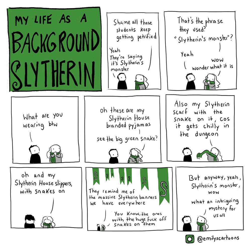 AKatelynrose's tweet photo. Finally finished the #swdmp CoS that I missed! And #backgroundslytherin is my new favorite internet cartoon https://t.co/aeKGXFaT6i