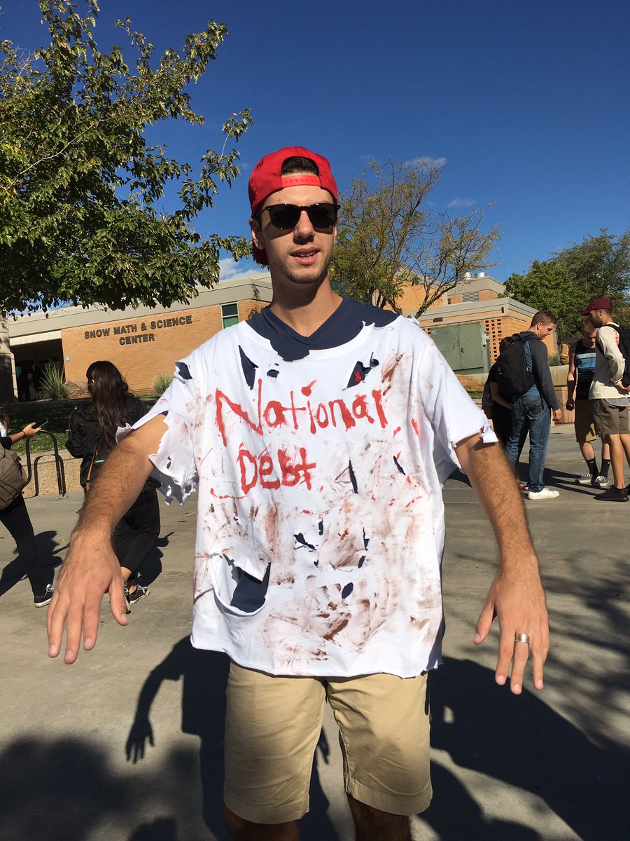 tpusa_dsu's tweet photo. Out talking to students today about the national debt! Happy Halloween. #thewalkingdebt https://t.co/vevFGn0J7M