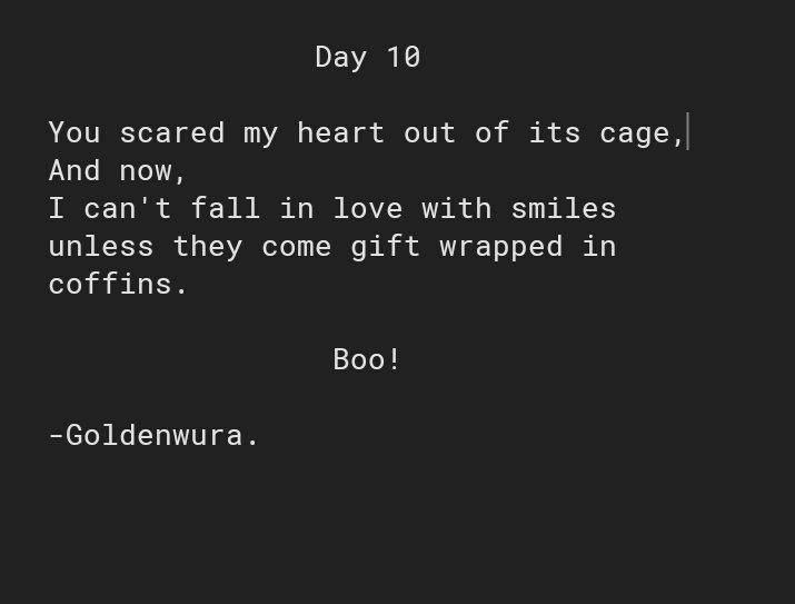 goldenwura's tweet photo. Day 10 of #BreakingTheBlock #30DaysWritersChallenge wishing you all a Happy Halloween ๐
#HappyHalloween https://t.co/qKec5PrYas