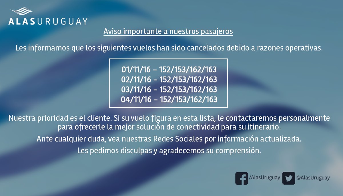 AlasUruguay's tweet photo. Continuamos con la protección de los vuelos de nuestros pasajeros hasta el 04/11. https://t.co/rXpO4wQisx