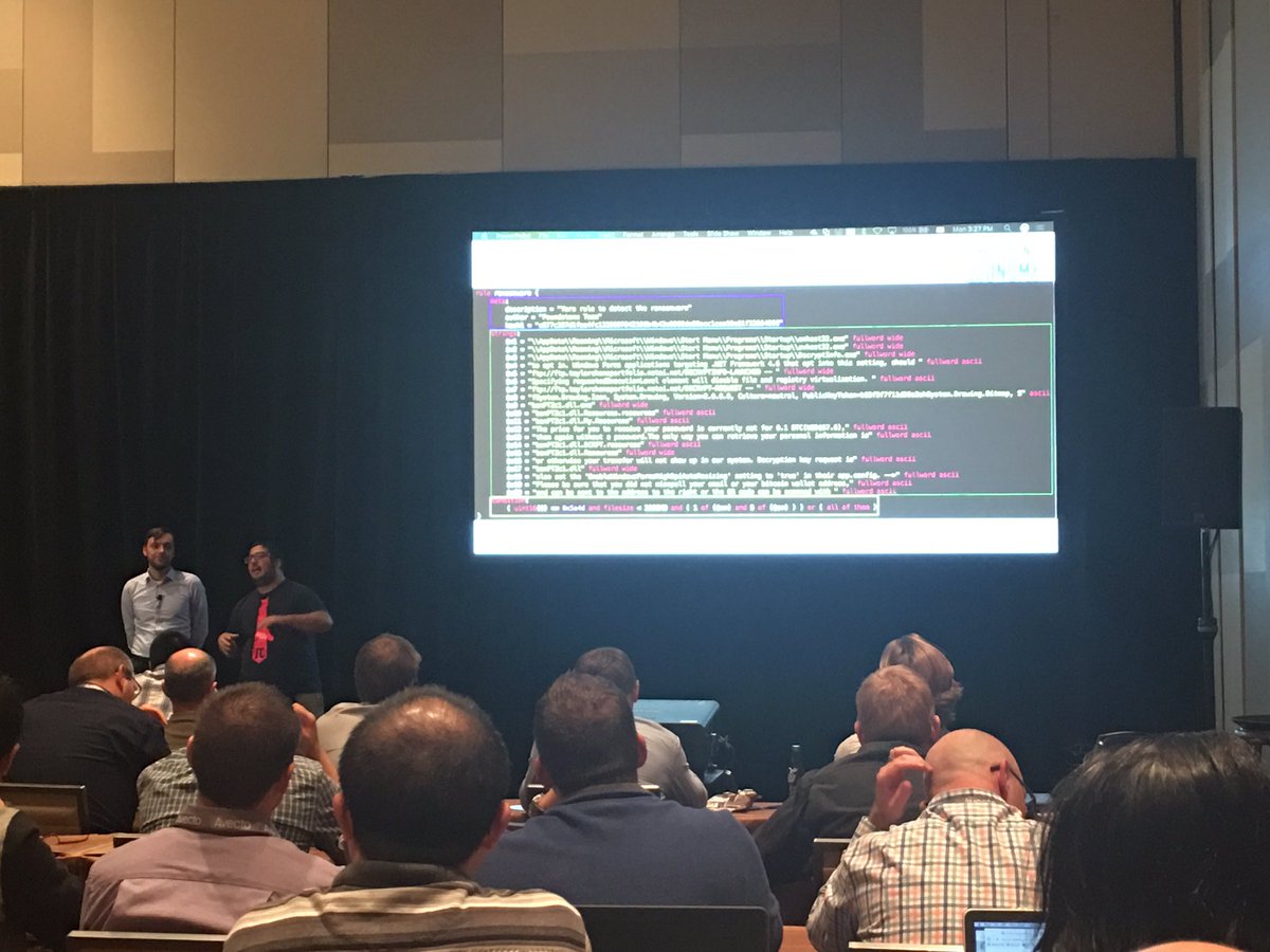 aboutsecurity's tweet photo. Analyzing a malware campaign like a boss using #YARA with Marc Rivero (@Seifreed) & David Malcher #foundstone #focus16 @Foundstone https://t.co/YAQDjtex1W