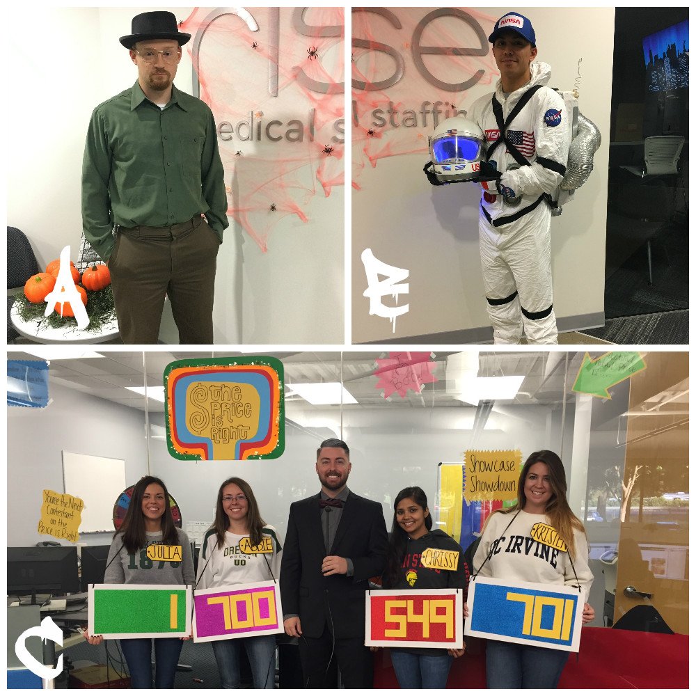 risestaffing's tweet photo. We picked the best costumes from our offices &amp; want YOU to vote! Who wore it best? A. Walter White, B. Astronaut or C. The Price is Right?! https://t.co/PUyP9eIRe4