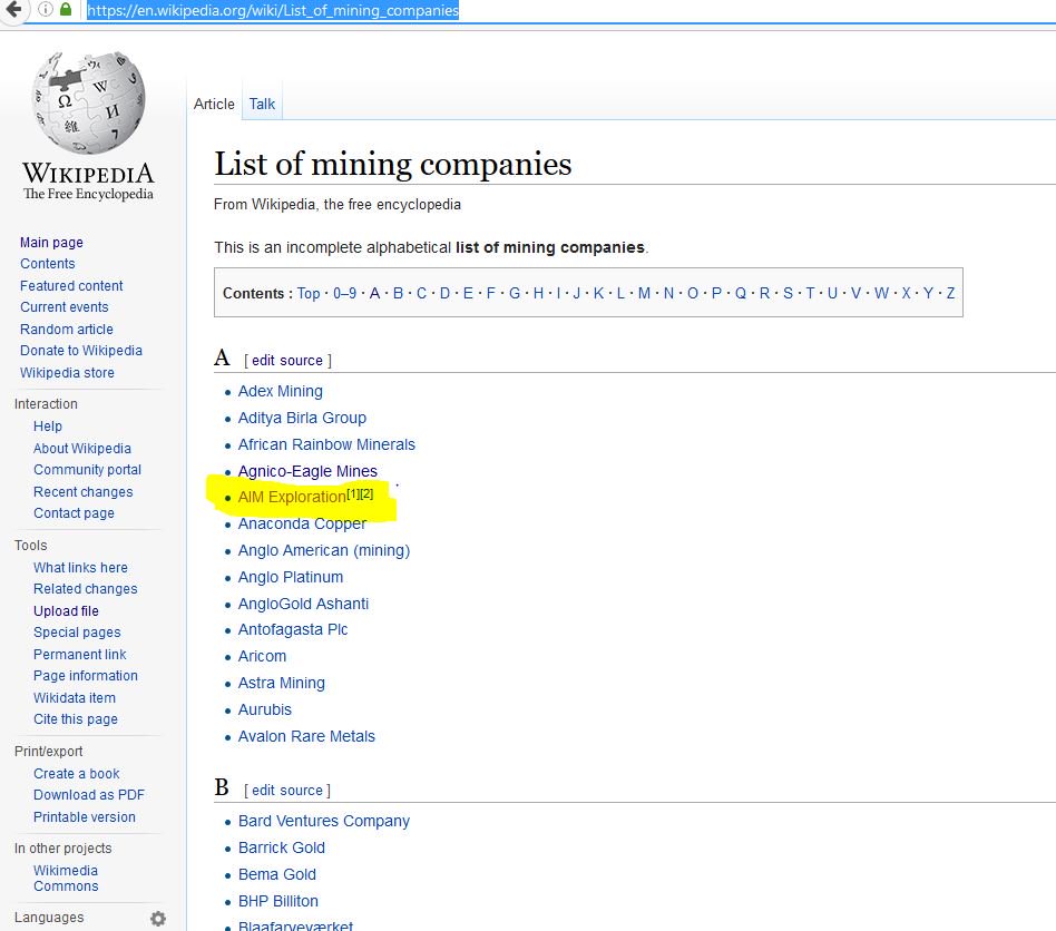 Aim Exploration Aexe We Were Happy To Be Listed As A Mining Company On Wikipedia T Co Oqlssvkcjz We Are Honored And Thank You T Co Hrl1iagtti