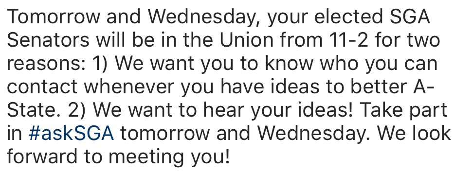 TaylorDvdson's tweet photo. Please come out so that your voice can be heard! #AskSGA @astatesga https://t.co/0tIUrgmriz