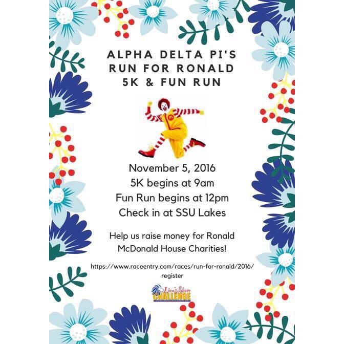 seawolfliving's tweet photo. Run for Ronald hosted by @ADPi_SSU is Saturday! All proceeds go to the @RMHC. Sign up here: https://t.co/0zgN9yZKyi https://t.co/XPHnKA6uF1