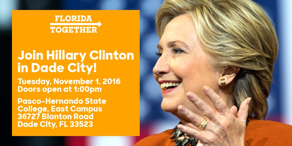 .<a href="/HillaryClinton/">Hillary Clinton</a> will be in Dade City tomorrow! Make sure to be there, too: hrc.io/2f6yEpi